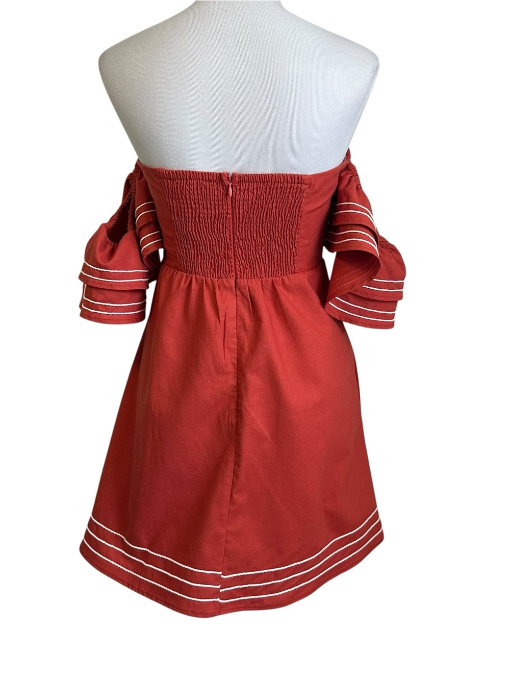 Strut & Bolt Off Shoulder Embroidered Linen Mini Dress Sz Small Terracotta Lined - Picture 5 of 13
